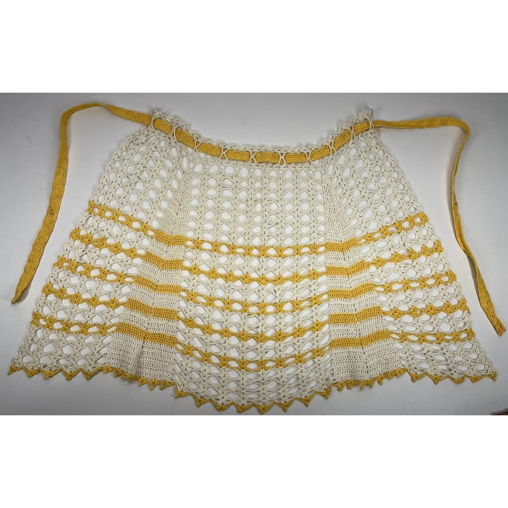 Vintage Crochet Half Apron Yellow Ivory Chevron Stripe Tie Back Halter Top